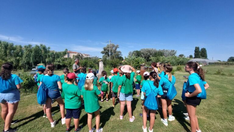 Un gruppo di ragazzi del grest in magliette colorate in mezzo al campo
